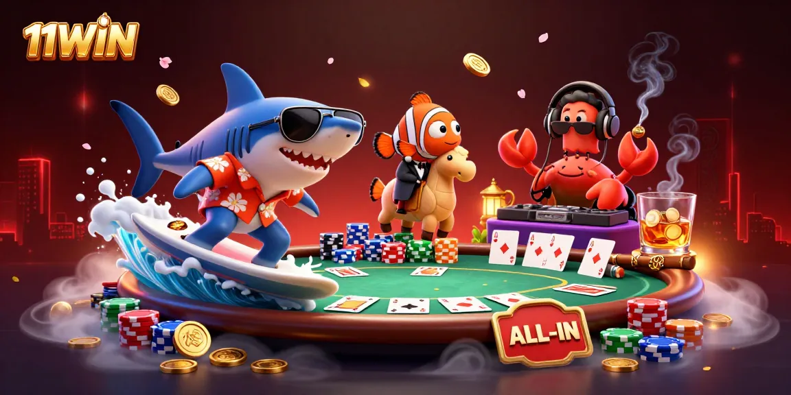 Join the action at 11WIN as a shark surfs on gold coins surrounded by exciting poker elements!