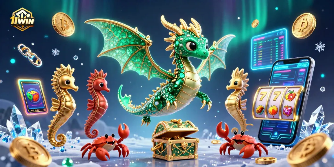 Engage in thrilling gameplay with 11WIN's dynamic 3D casino illustration featuring vibrant crypto elements.