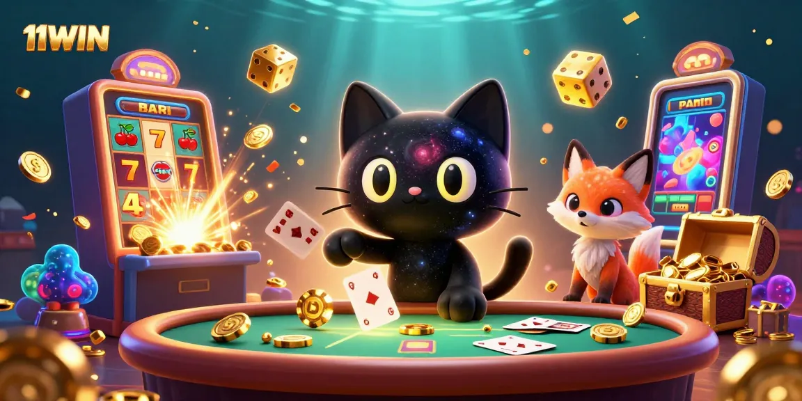 Engage with the exciting universe of 11WIN, where a cosmic cat and fox captivate at a vibrant casino.