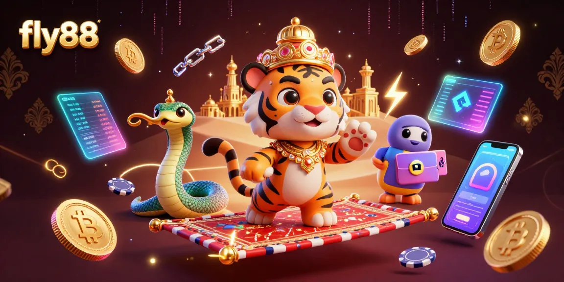 Experience the excitement of fly88 with vibrant casino themes and crypto elements in a 3D illustration.