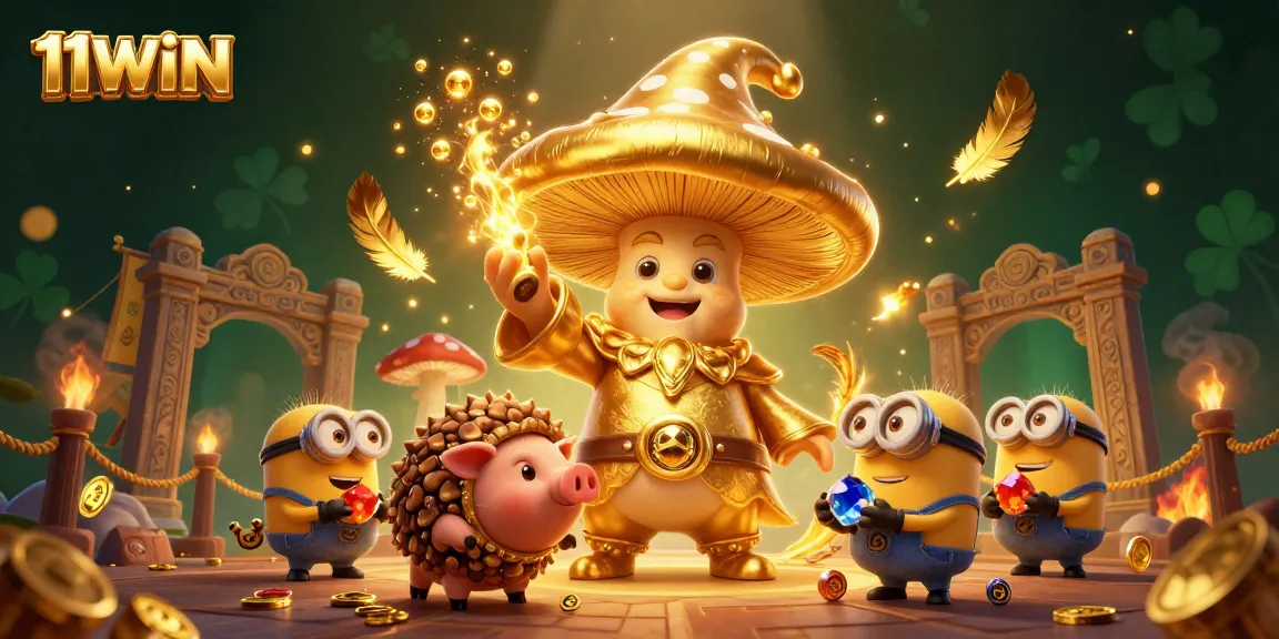 Engage with the magical world of 11WIN, featuring a golden mushroom wizard amidst treasures and casino elements.