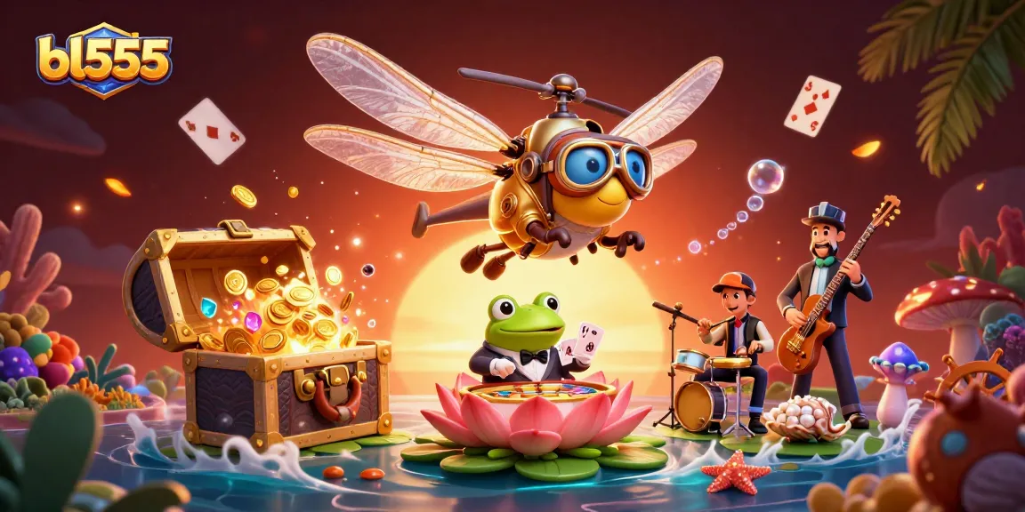 Experience the thrill of bl555 with a vibrant casino scene featuring a dragonfly pilot, frog croupier, and lively jazz musicians.