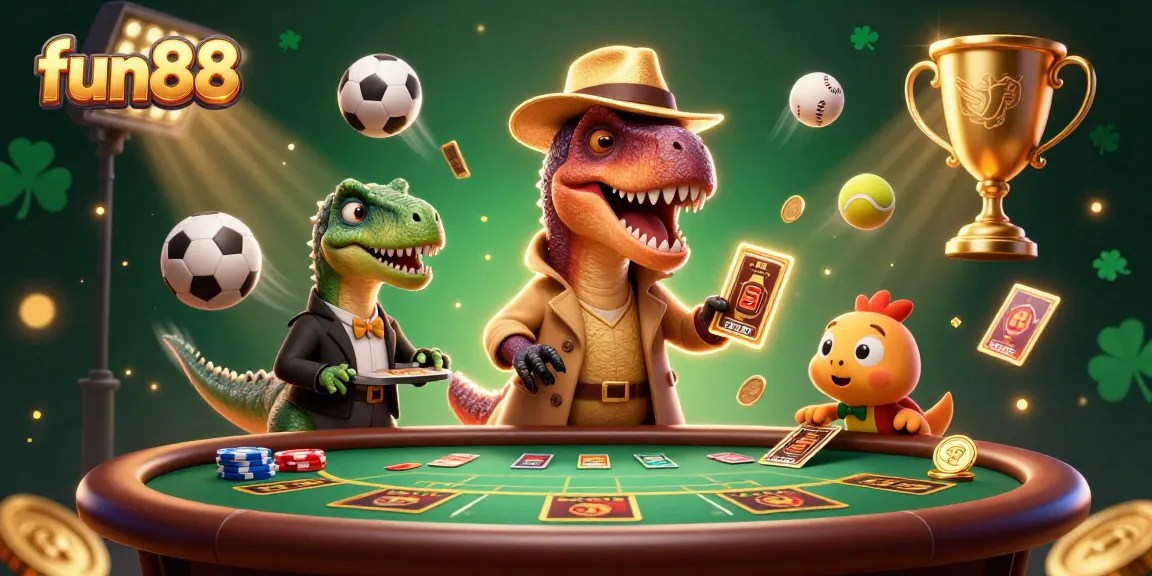 Engage with fun88 in a lively casino scene featuring a disguised velociraptor and friends.