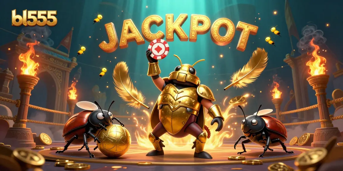 Engage with bl555's thrilling gambling experience illustrated by a heroic beetle and friends battling for a jackpot.