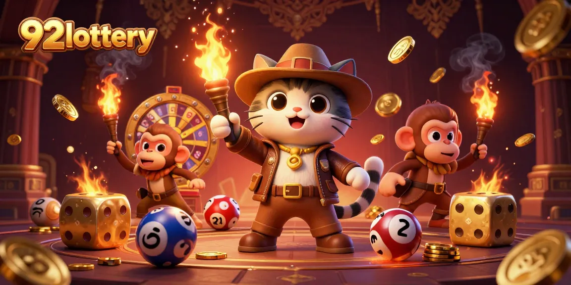 Engage with 92lottery as the explorer cat finds golden artifacts amidst vibrant lottery elements.
