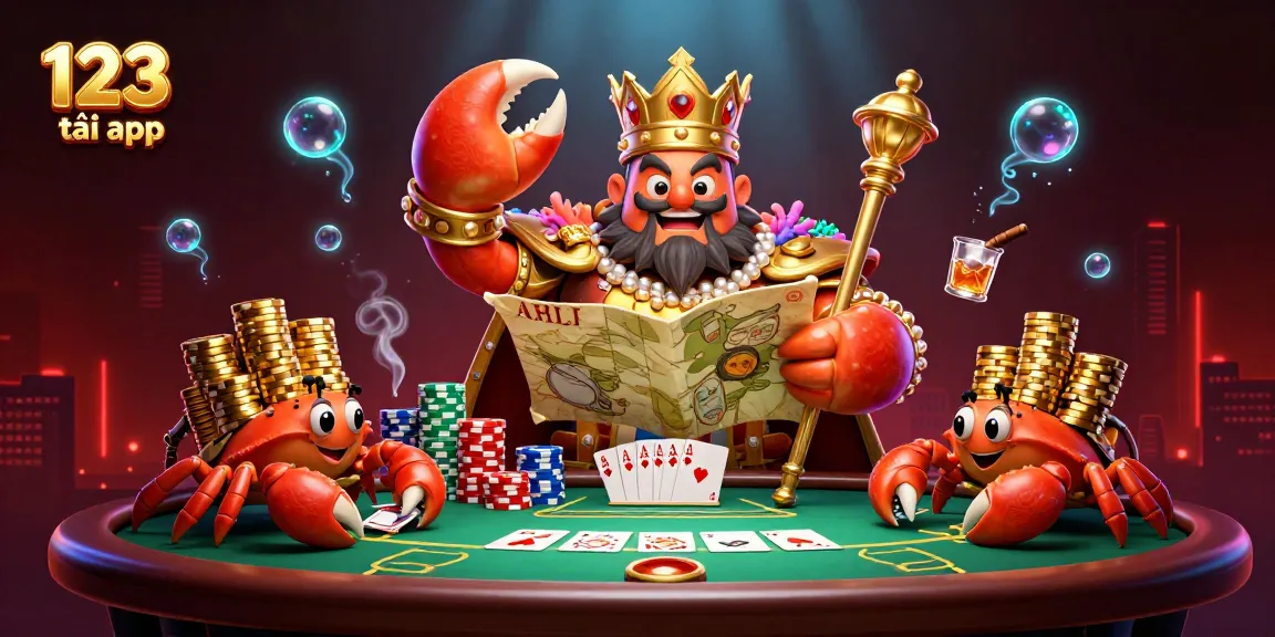 Play poker and win big with 123b tải app featuring a glorious crab emperor surrounded by chips and cards.