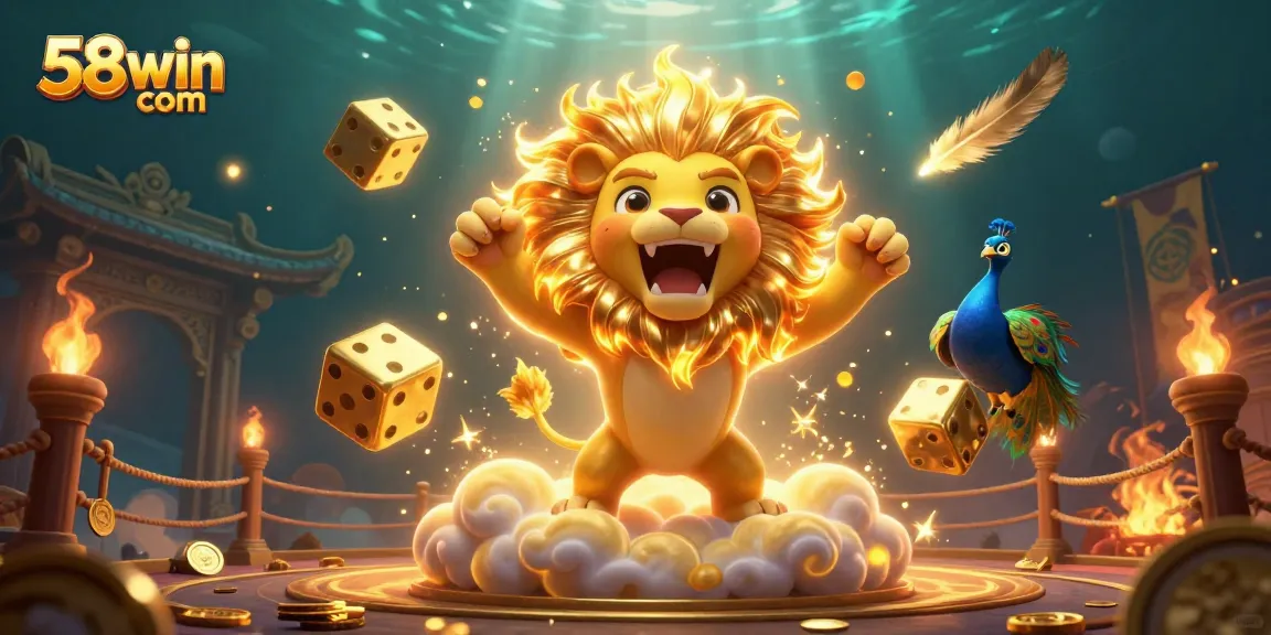 Experience thrilling gameplay at 58win com with a vibrant scene of a roaring lion and golden dice.