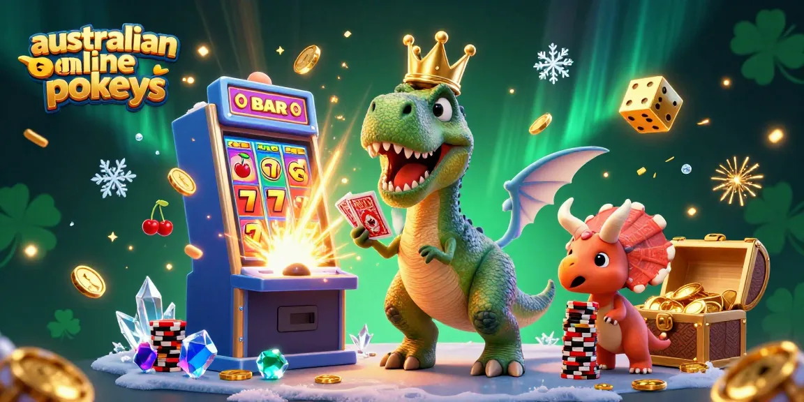 Experience the thrill of australian online pokies with a fun T-Rex shuffling cards and dynamic casino elements!