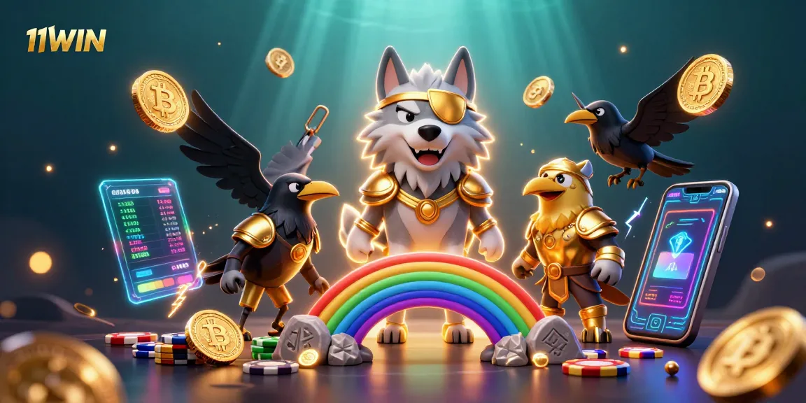 Experience the 11WIN casino adventure with Odin and ravens over a bridge of chips.