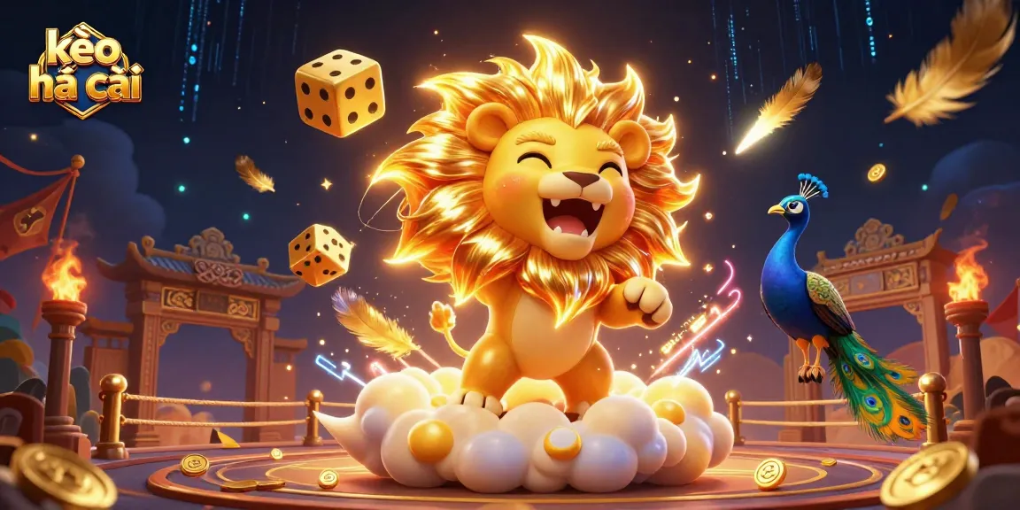Bet on kèo nhà cái with exciting elements like a roaring lion and dazzling dice in 3D art.