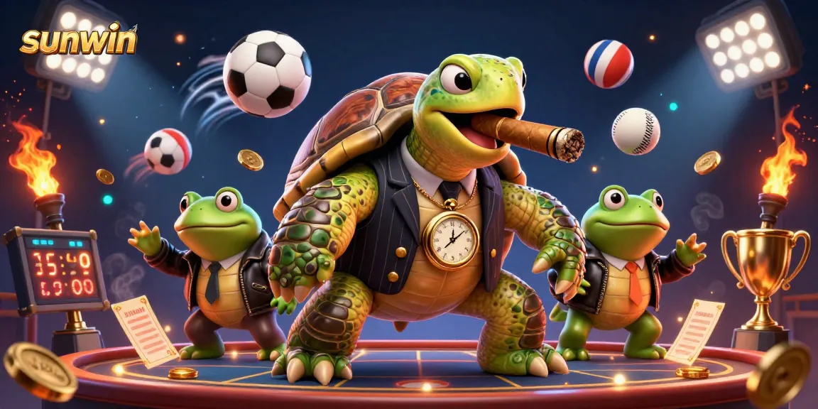 Experience the excitement of sunwin with a 3D casino scene featuring a snapping turtle mobster and sports elements.
